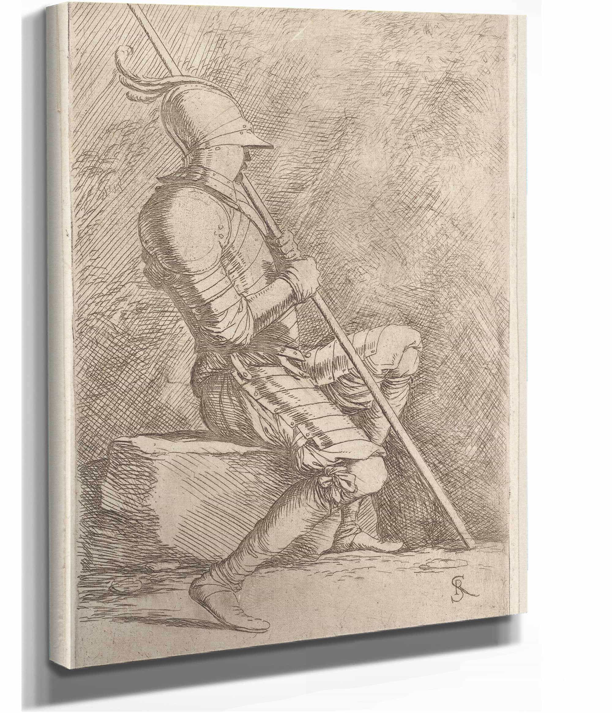 Soldier Seated In A Helmet Holding A Cane by Salvator Rosa - Image 2