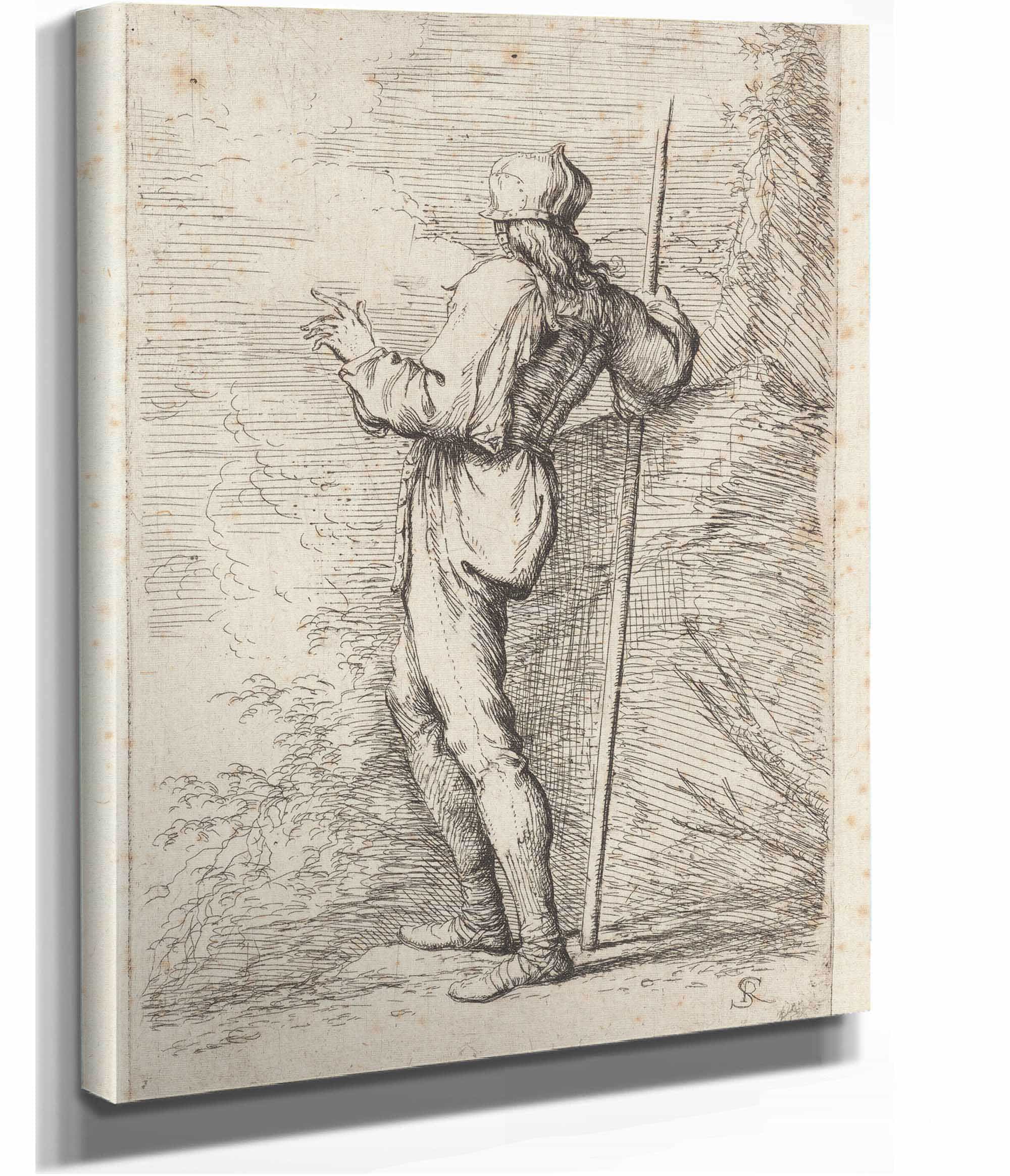 Soldier Standing Holding A Long Cane Before A Rocky Wall by Salvator Rosa - Image 2