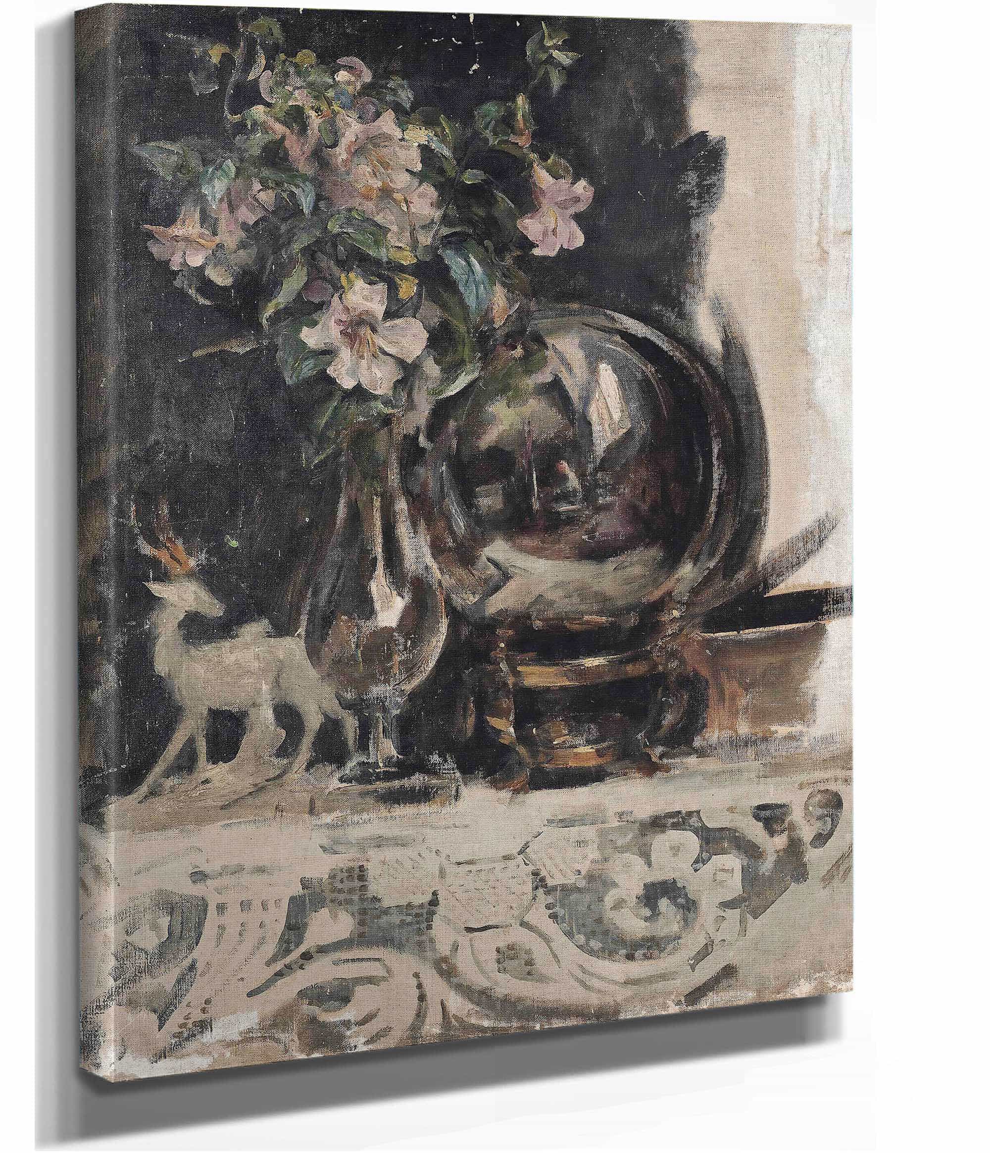 Still Life Of Flowers A Statue And A Globe On A Mantelpiece by James Jebusa Shannon - Image 2