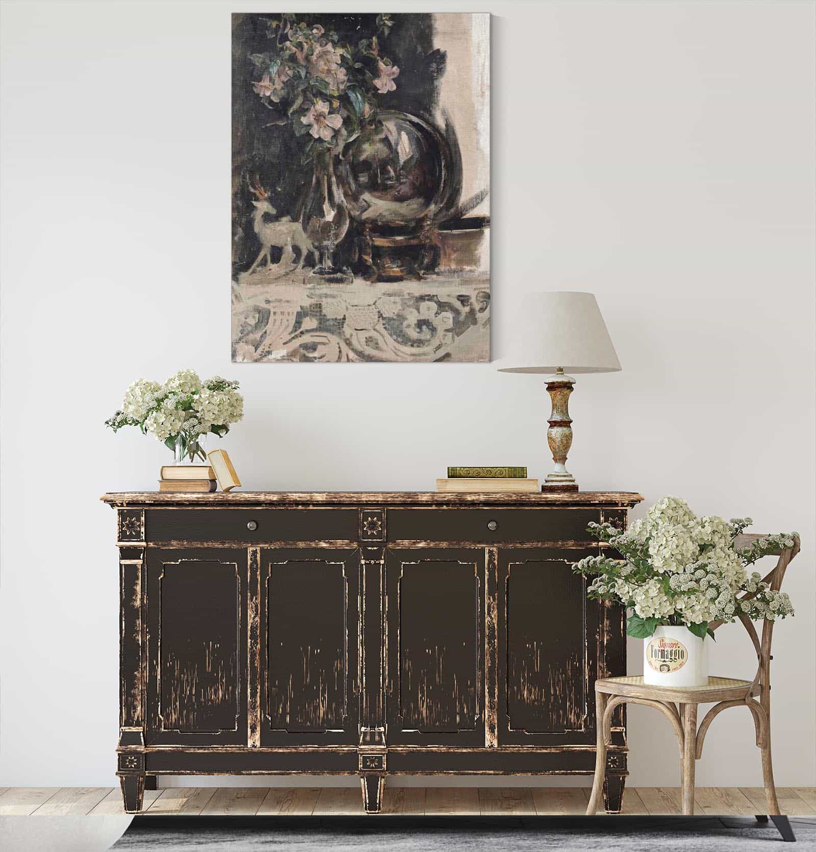 Still Life Of Flowers A Statue And A Globe On A Mantelpiece by James Jebusa Shannon - Image 4