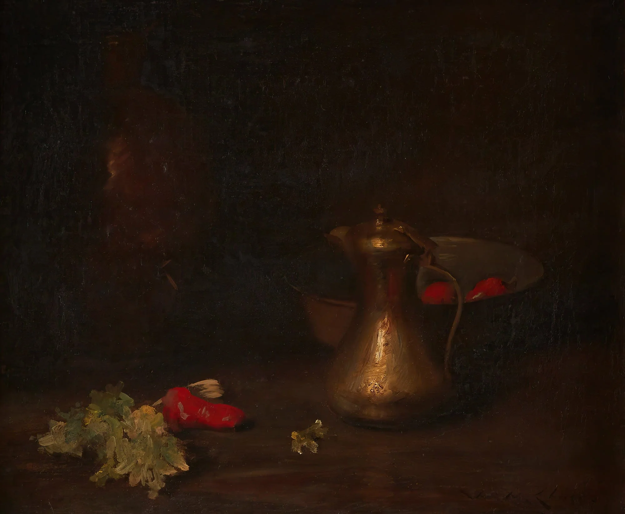 Still Life With Brass Jug Metal Bowl Lettuce And Red Peppers by William Merritt Chase