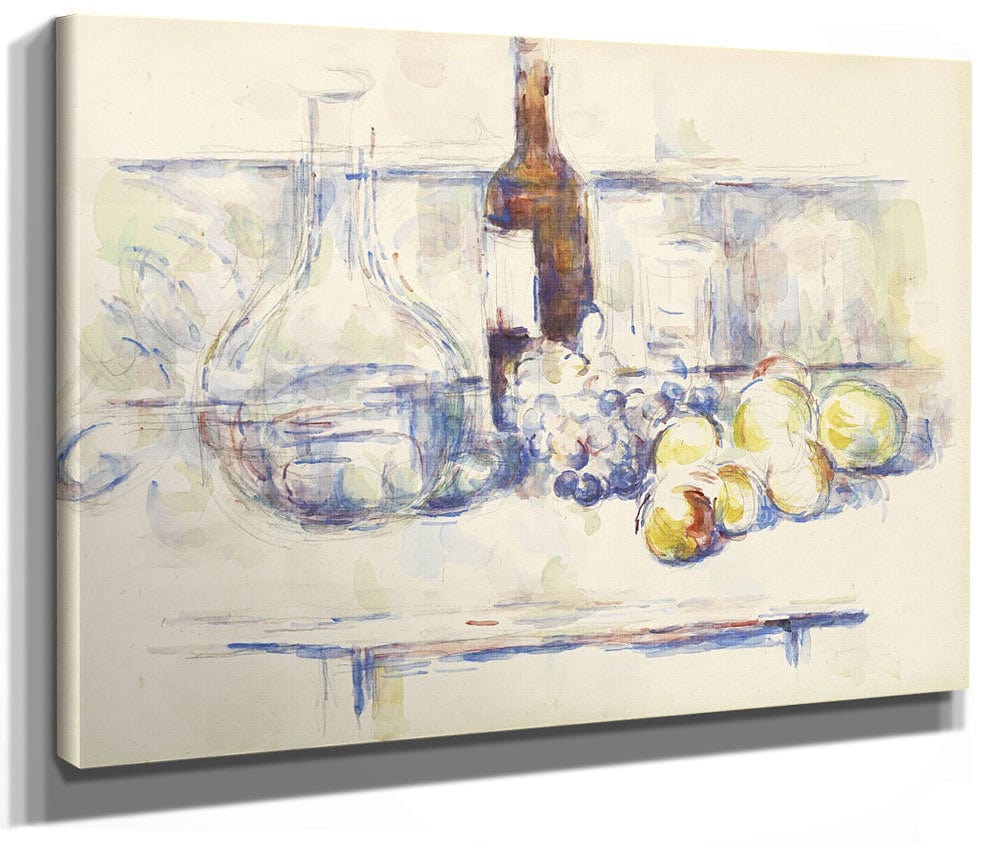 Still Life With Carafe, Bottle, And Fruit (Nature Morte Pommes Et Poires Dans Un Panier Rond) By Paul Cezanne