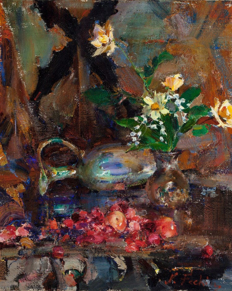 Still Life With Cherries Pitcher And Bouquet By Bruce Crane - Image 6