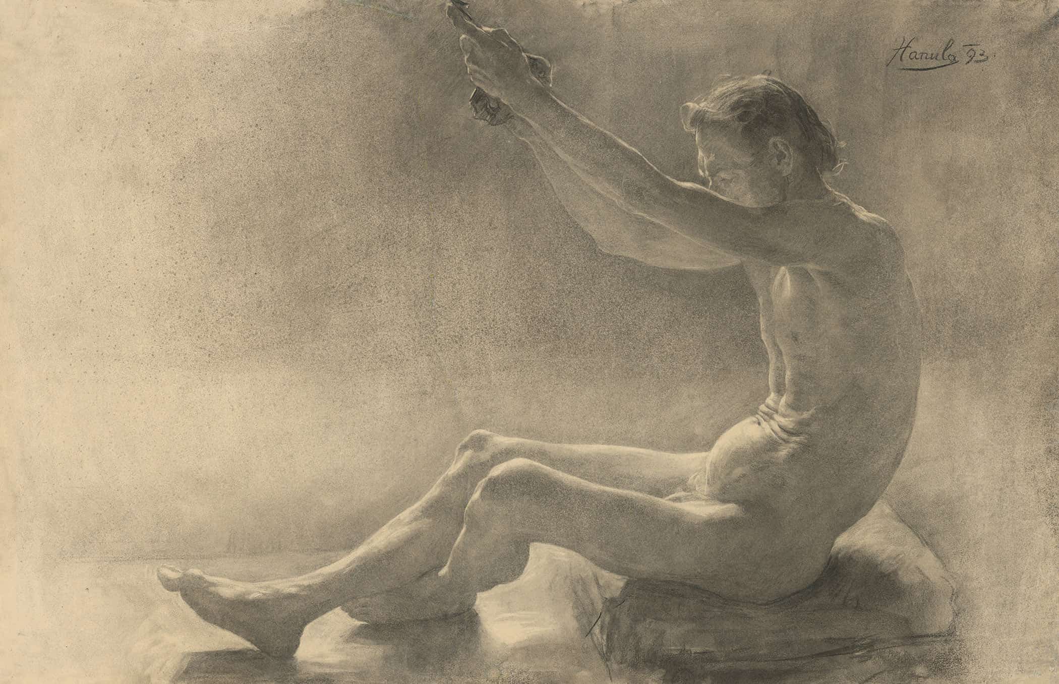 Study Of A Sitting Male Nude With Arms Raised by Jozef Hanula - Image 2