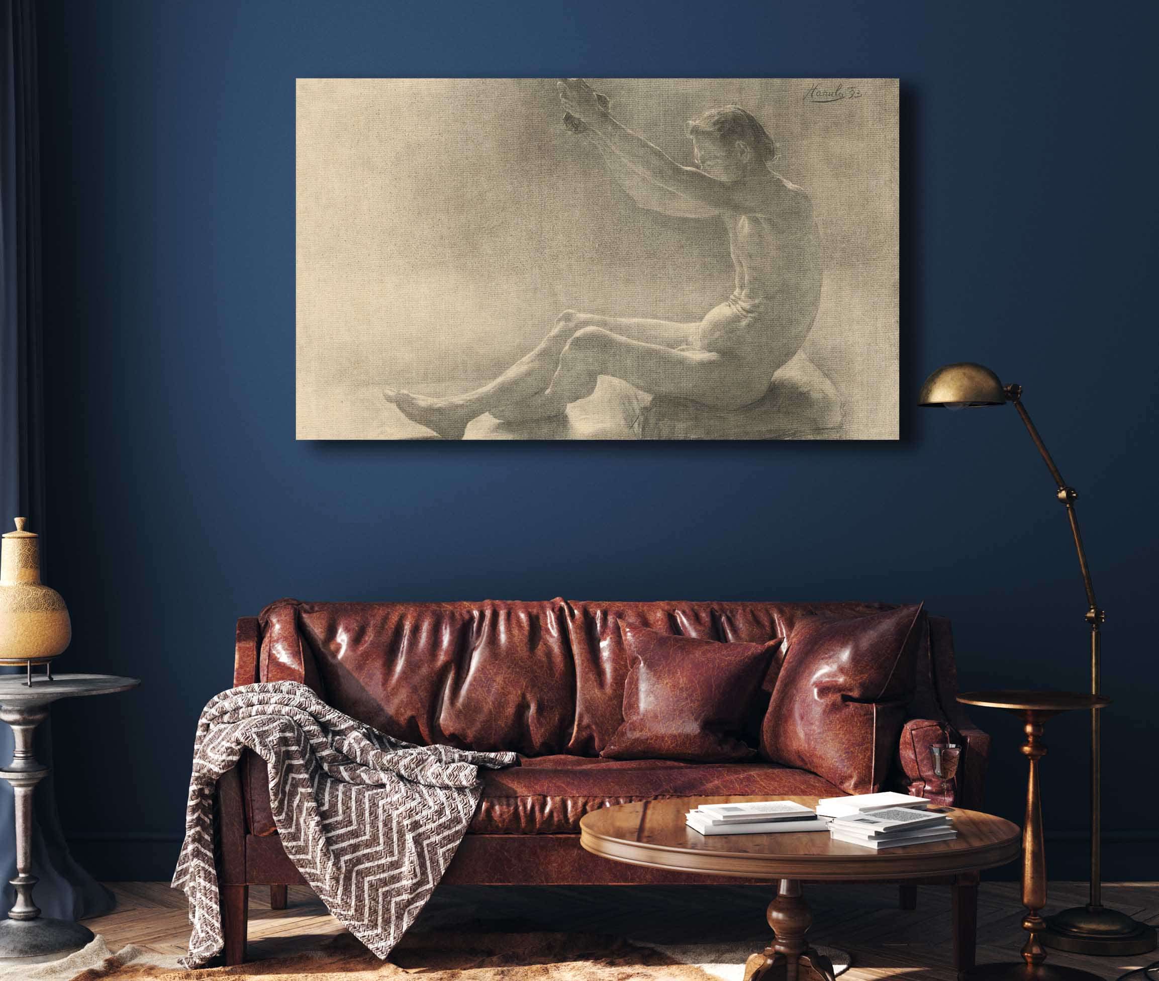 Study Of A Sitting Male Nude With Arms Raised by Jozef Hanula - Image 4