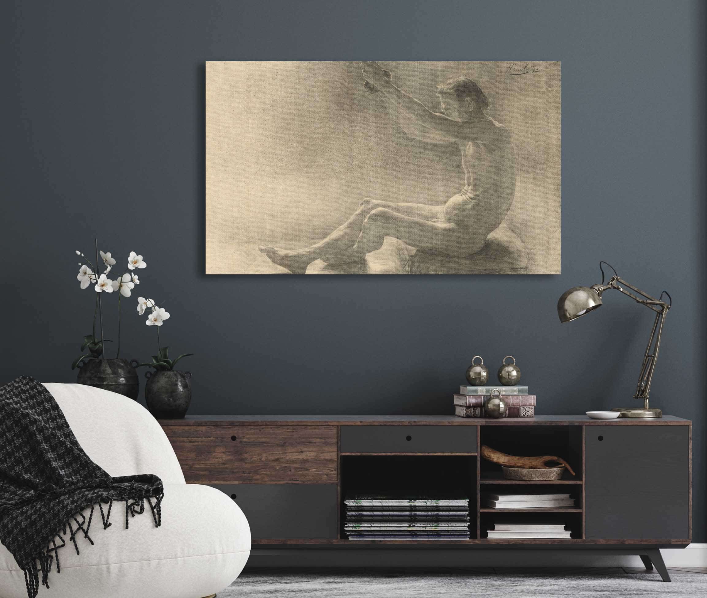 Study Of A Sitting Male Nude With Arms Raised by Jozef Hanula - Image 5
