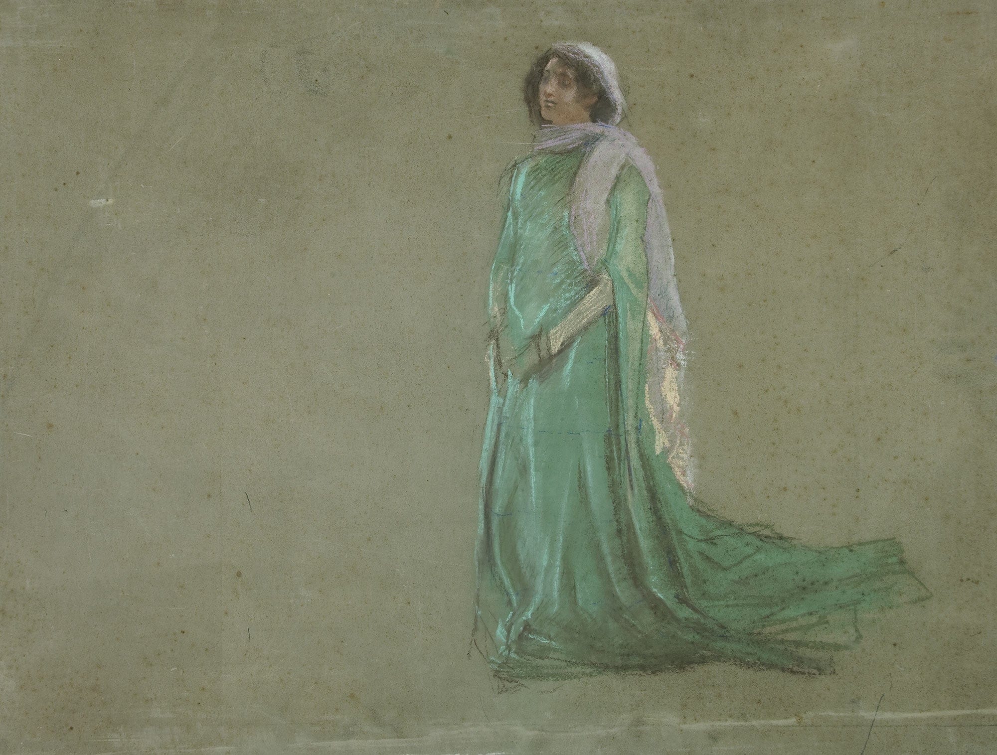 Study Woman In Long Green Dress Pink Scarf by Edwin Austin Abbey - Image 2