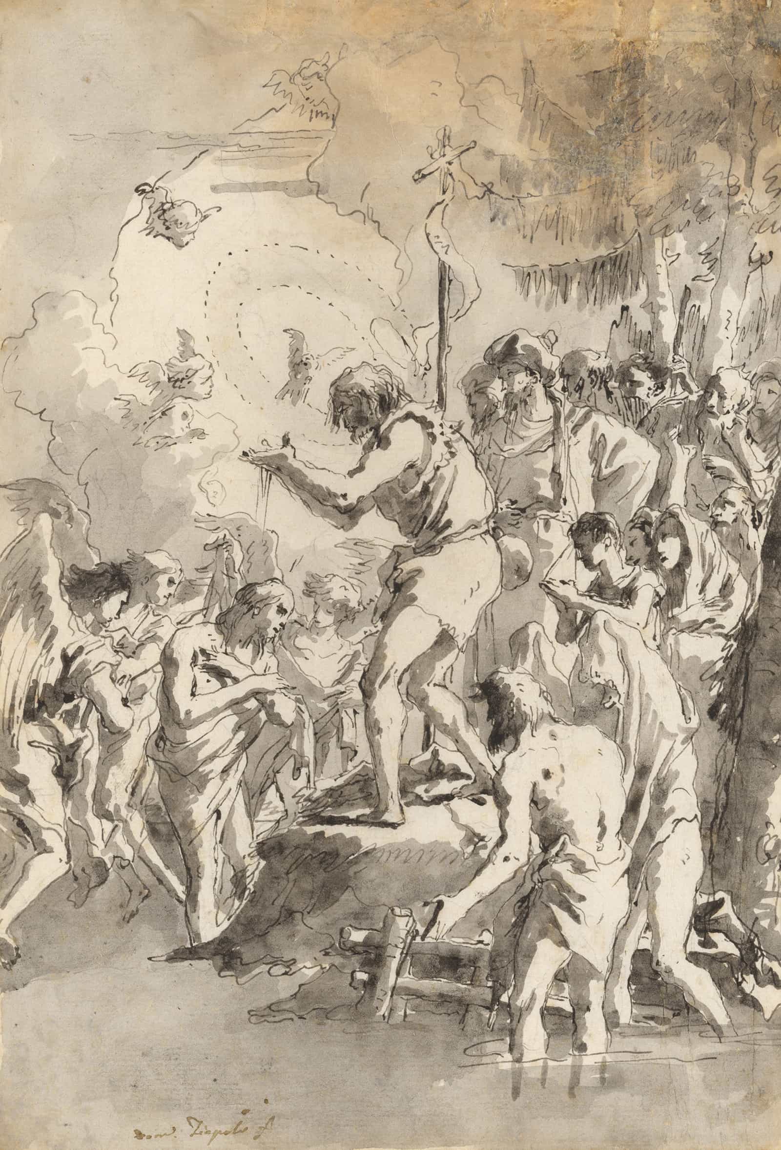 The Baptism Of Christ With Three Angels Attending Him by Giovanni Domenico Tiepolo