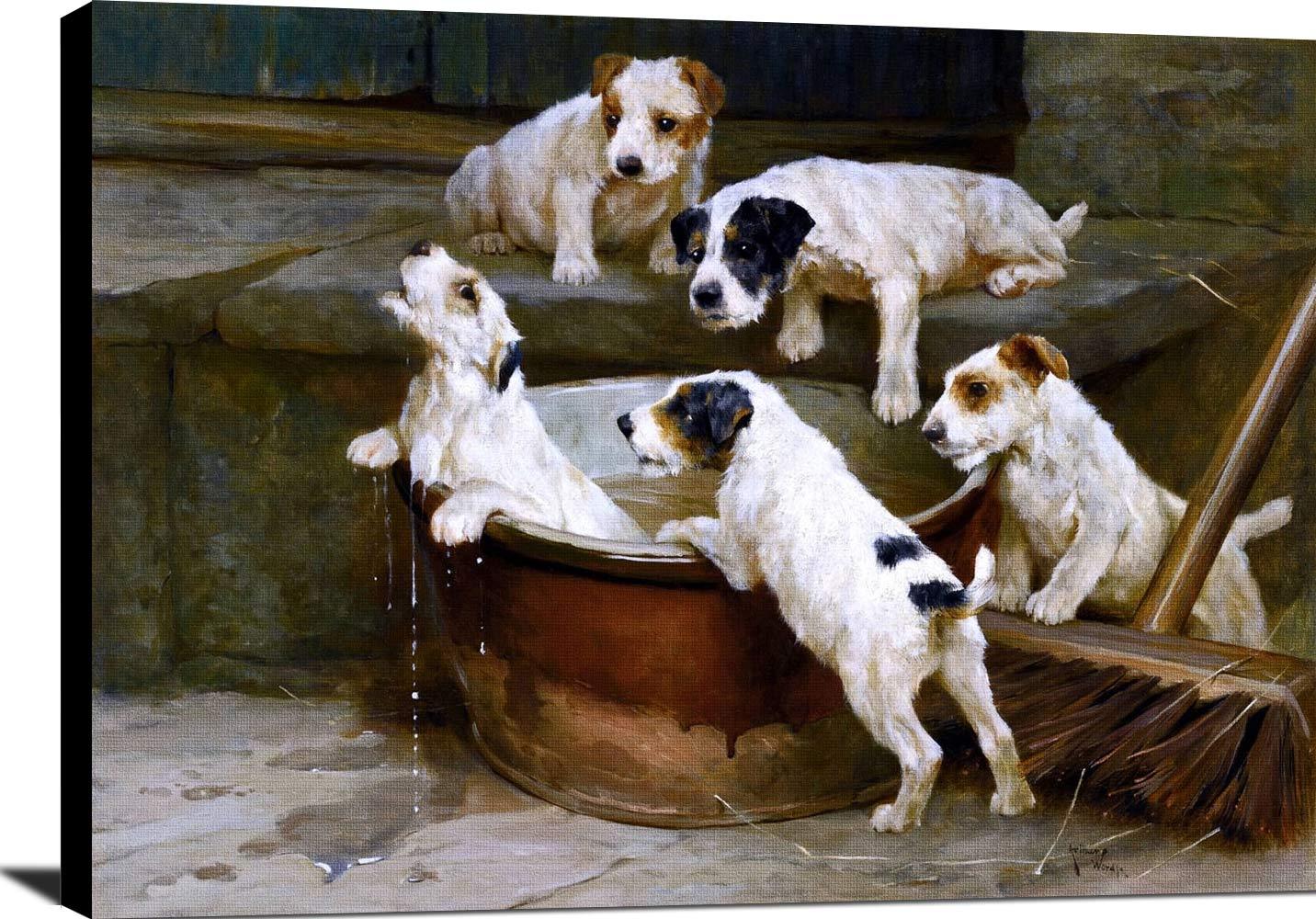 The First Bath Wire Fox Terrier Puppies Painting Arthur Wardle Canvas Art - Image 2