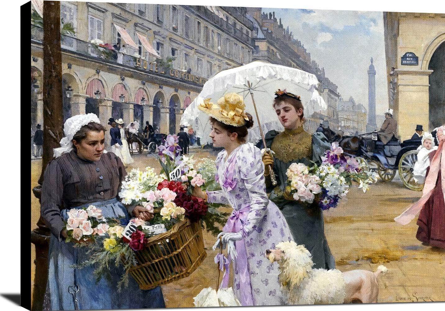 The Flower Market Rue De Rivoli Painting Louis De Schryver Canvas Art - Image 2