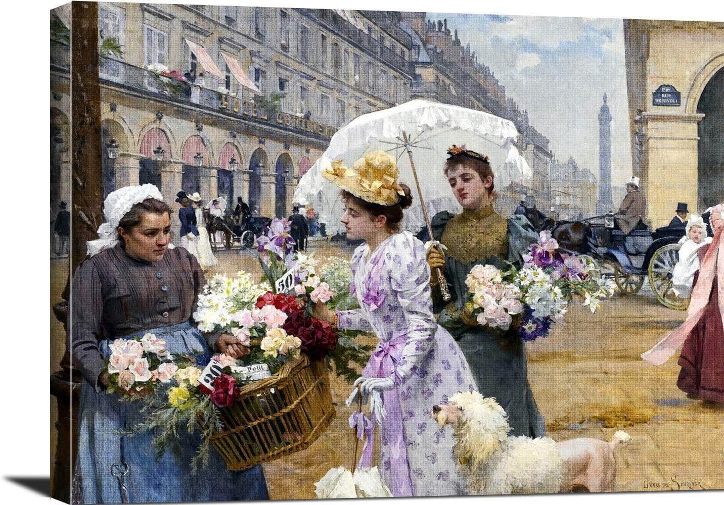 The Flower Market Rue De Rivoli Painting Louis De Schryver Canvas Art - Image 3