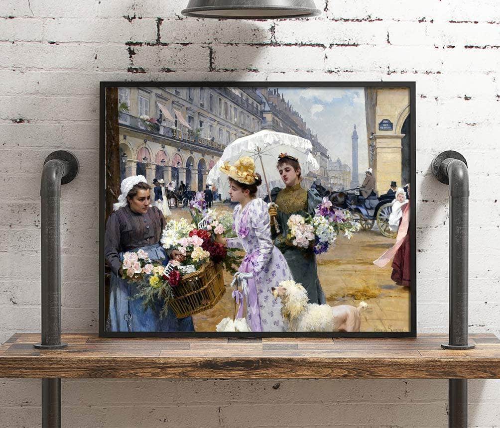 The Flower Market Rue De Rivoli Painting Louis De Schryver Canvas Art - Image 4