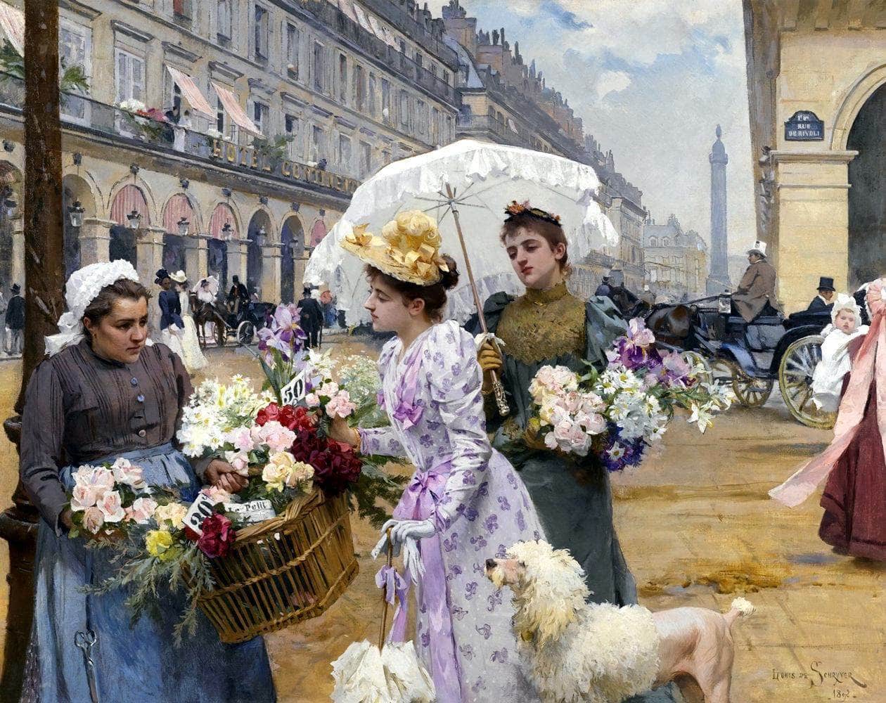 The Flower Market Rue De Rivoli Painting Louis De Schryver Canvas Art - Image 5