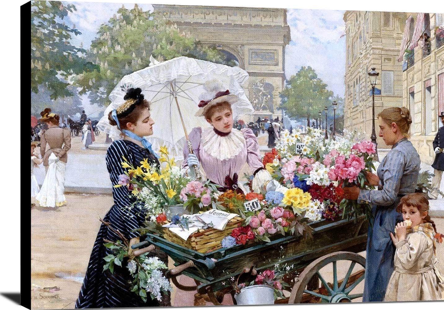 The Flower Seller Champs Elysees Painting Louis Marie De Schryver Canvas Art - Image 2