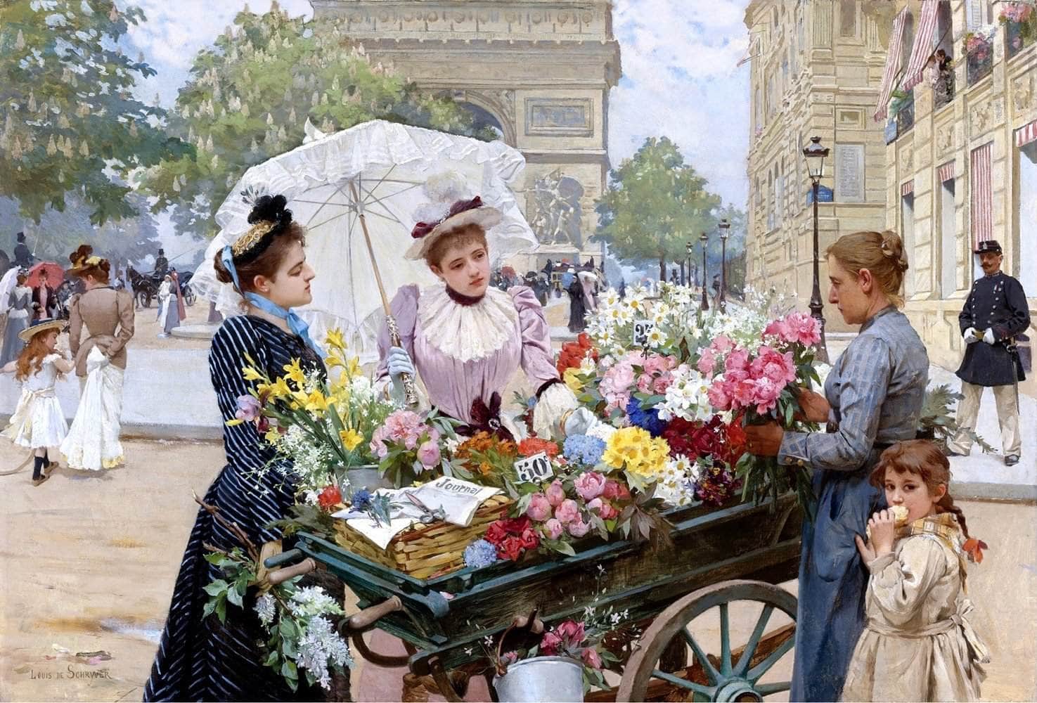 The Flower Seller Champs Elysees Painting Louis Marie De Schryver Canvas Art - Image 5