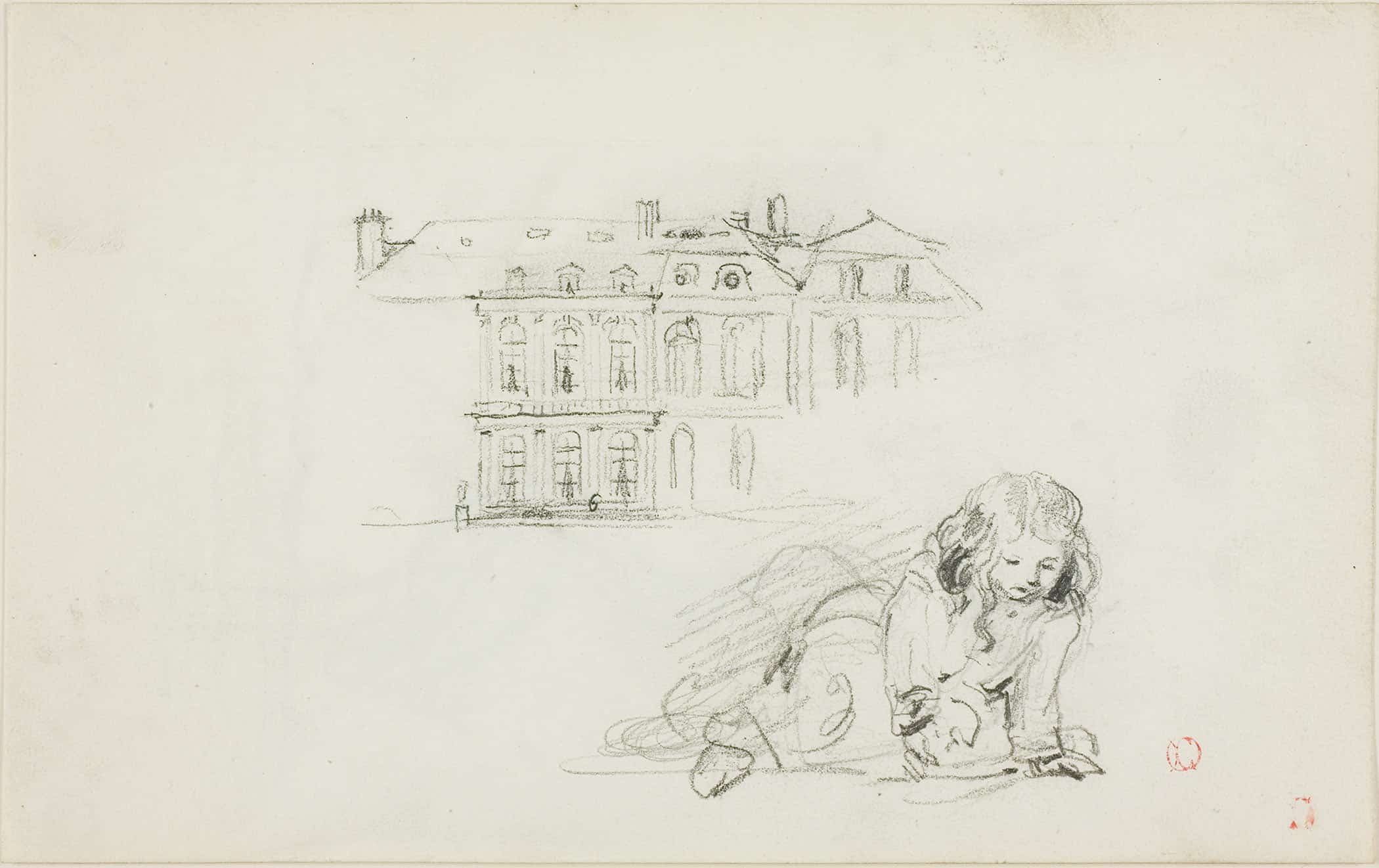 The Hotel De Ville Tours And A Girl Playing by Charles Francois Daubigny - Image 2
