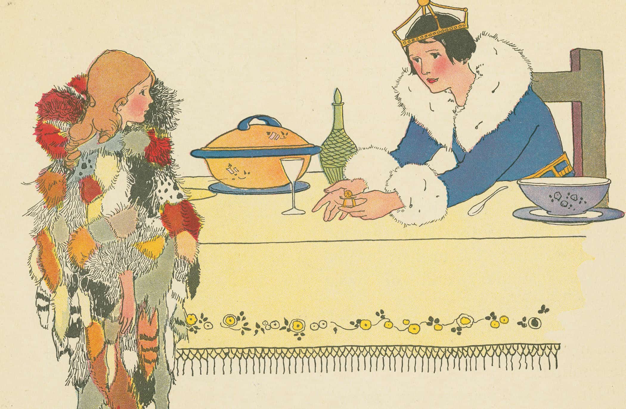 The King Questions Furball About The Golden Spinning Wheel Found In His Bowl Of Soup by Margaret Evans Price