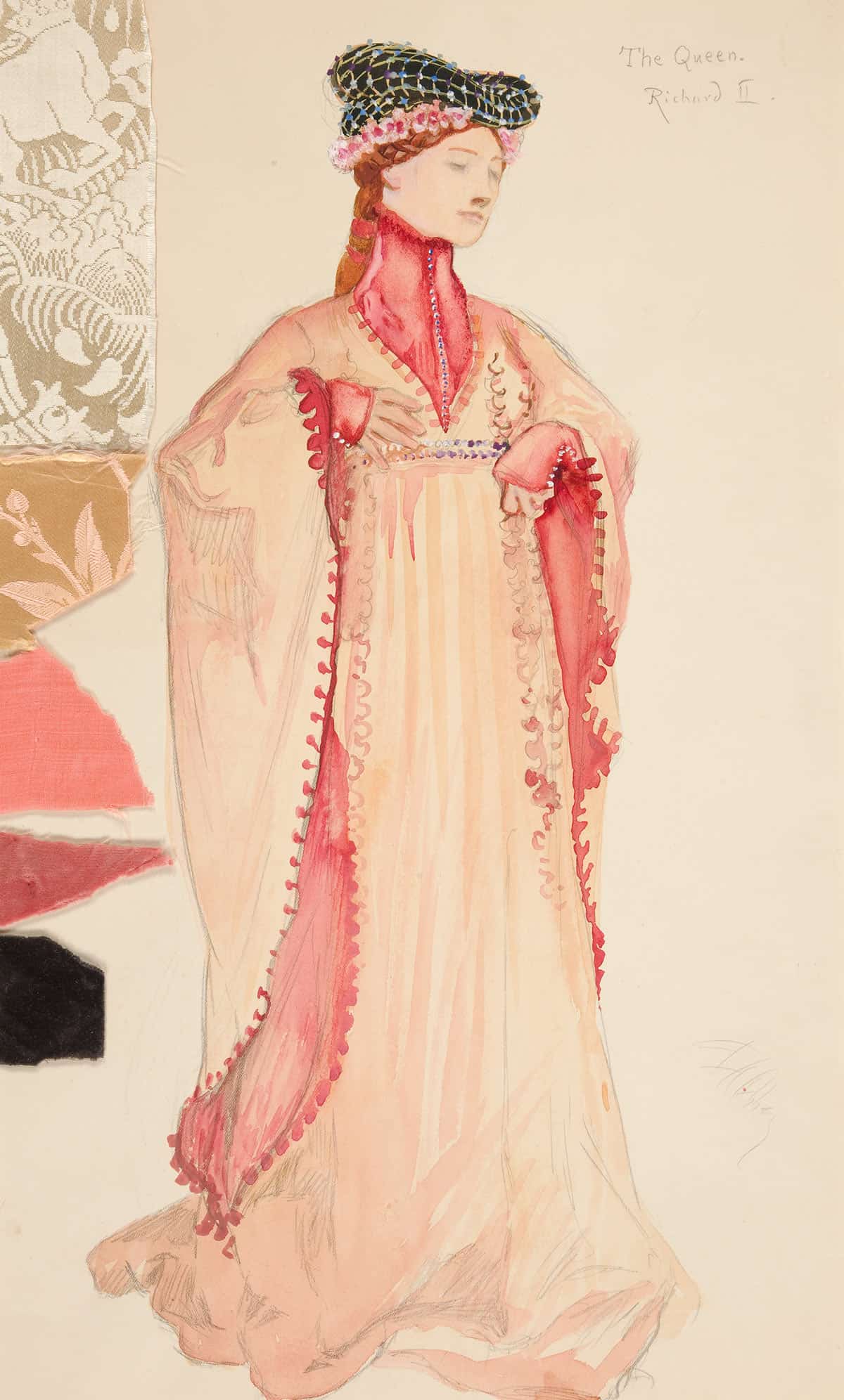 The Queen In Pink Costume Sketch For Henry Irvings Planned Production Of Richard Ii by Edwin Austin Abbey