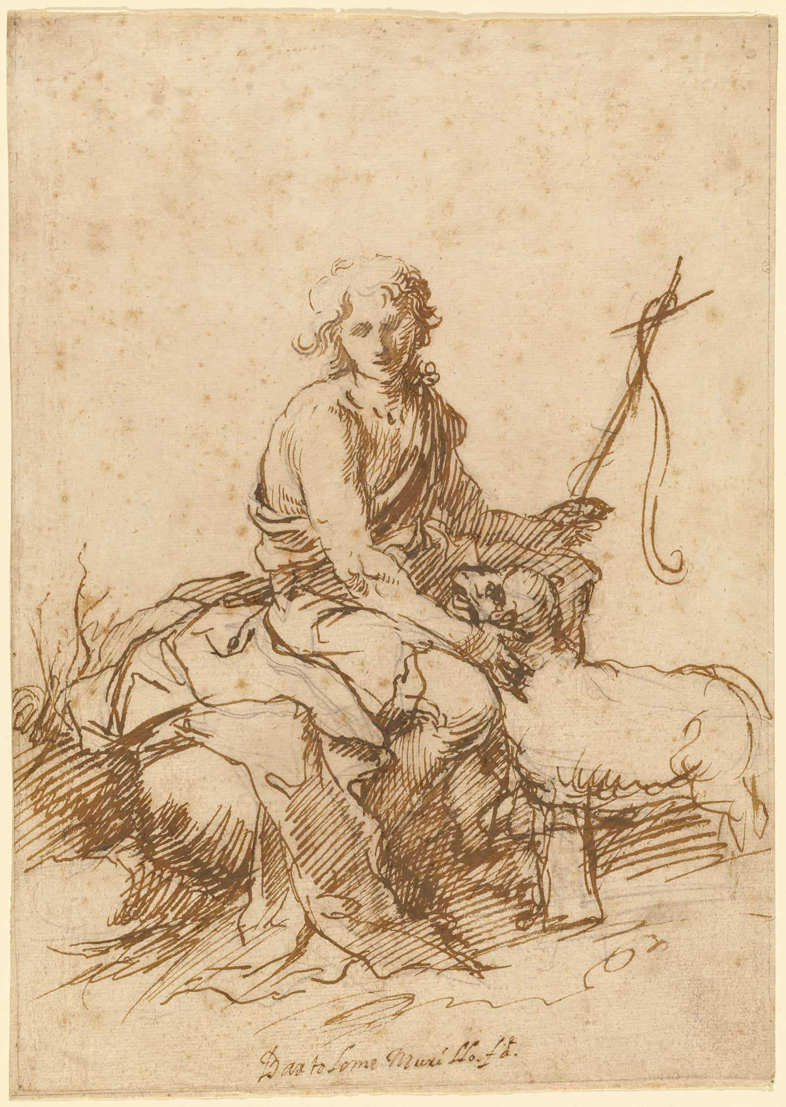 The Youthful Saint John The Baptist Seated In A Landscape by Bartolome Esteban Murillo