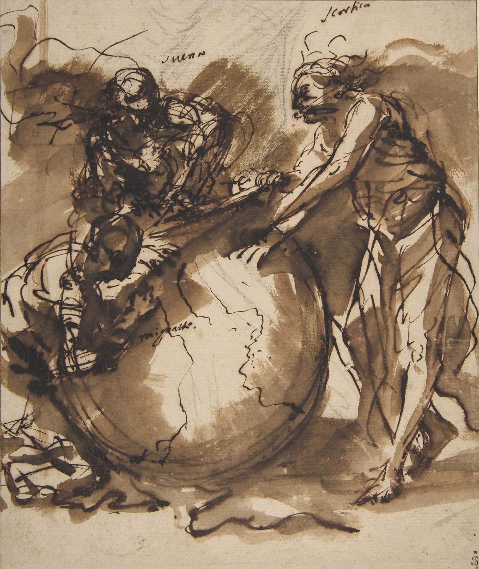 Three Figures Around A Globe by Salvator Rosa