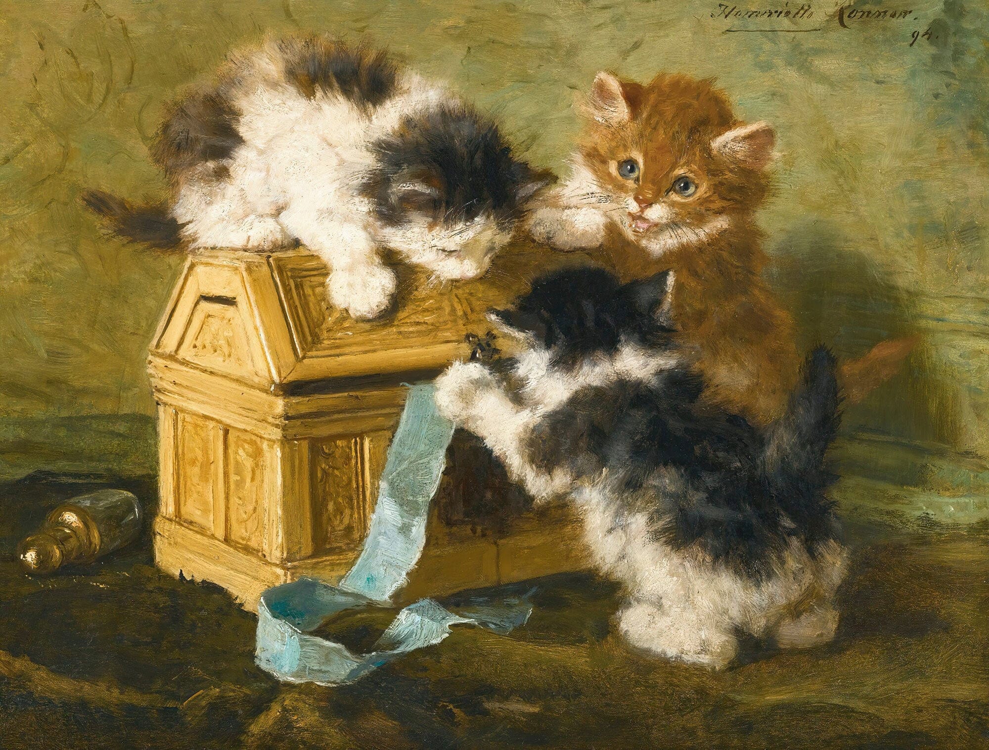 Three Kittens With A Casket And Blue Ribbon by Henriette Ronner Knip