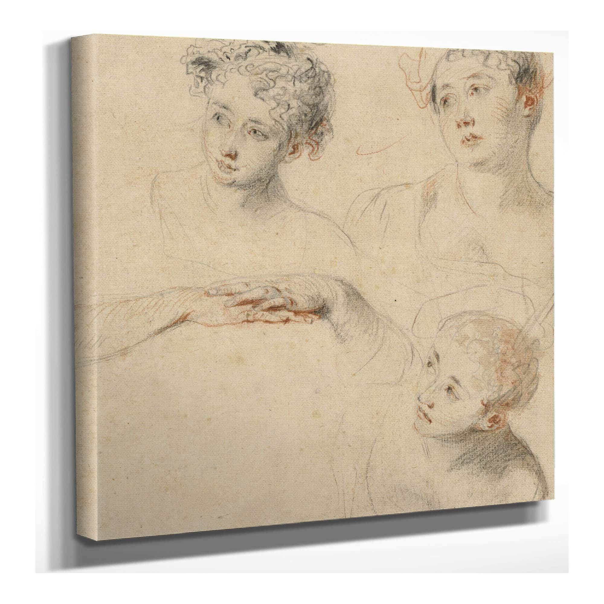 Three Studies Of A Womans Head And A Study Of Hands Recto by Jean Antoine Watteau