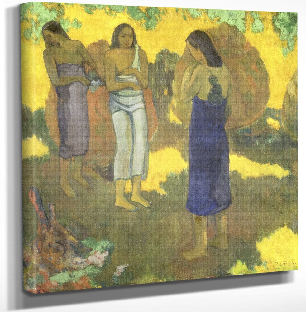 Three Tahitian Women Against A Yellow Background By Eugene Henri Paul Gauguin