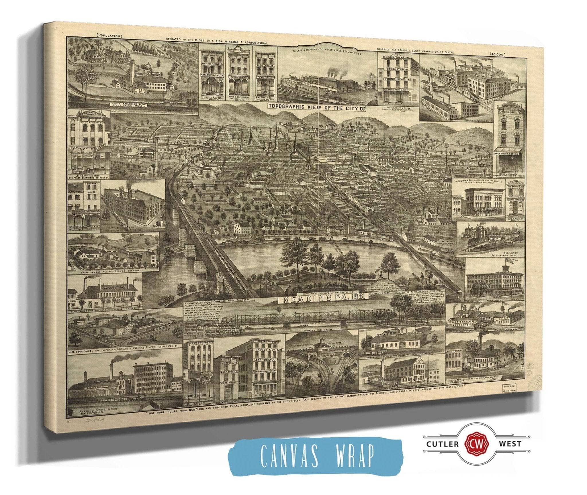 Topographic View Of The City Of Reading Pa 1881 State of Pennsylvania