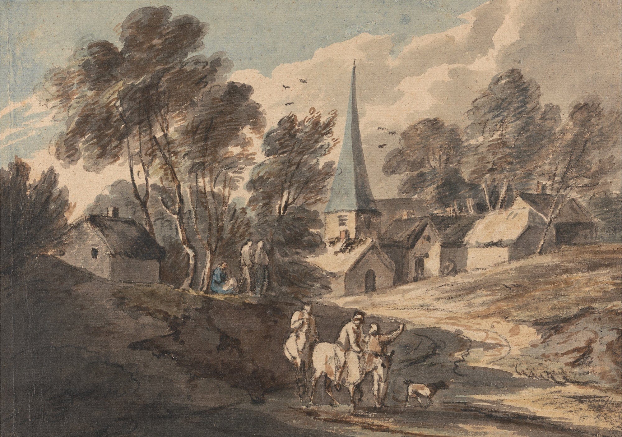 Travellers On Horseback Approaching A Village With A Spire Between And by Thomas Gainsborough