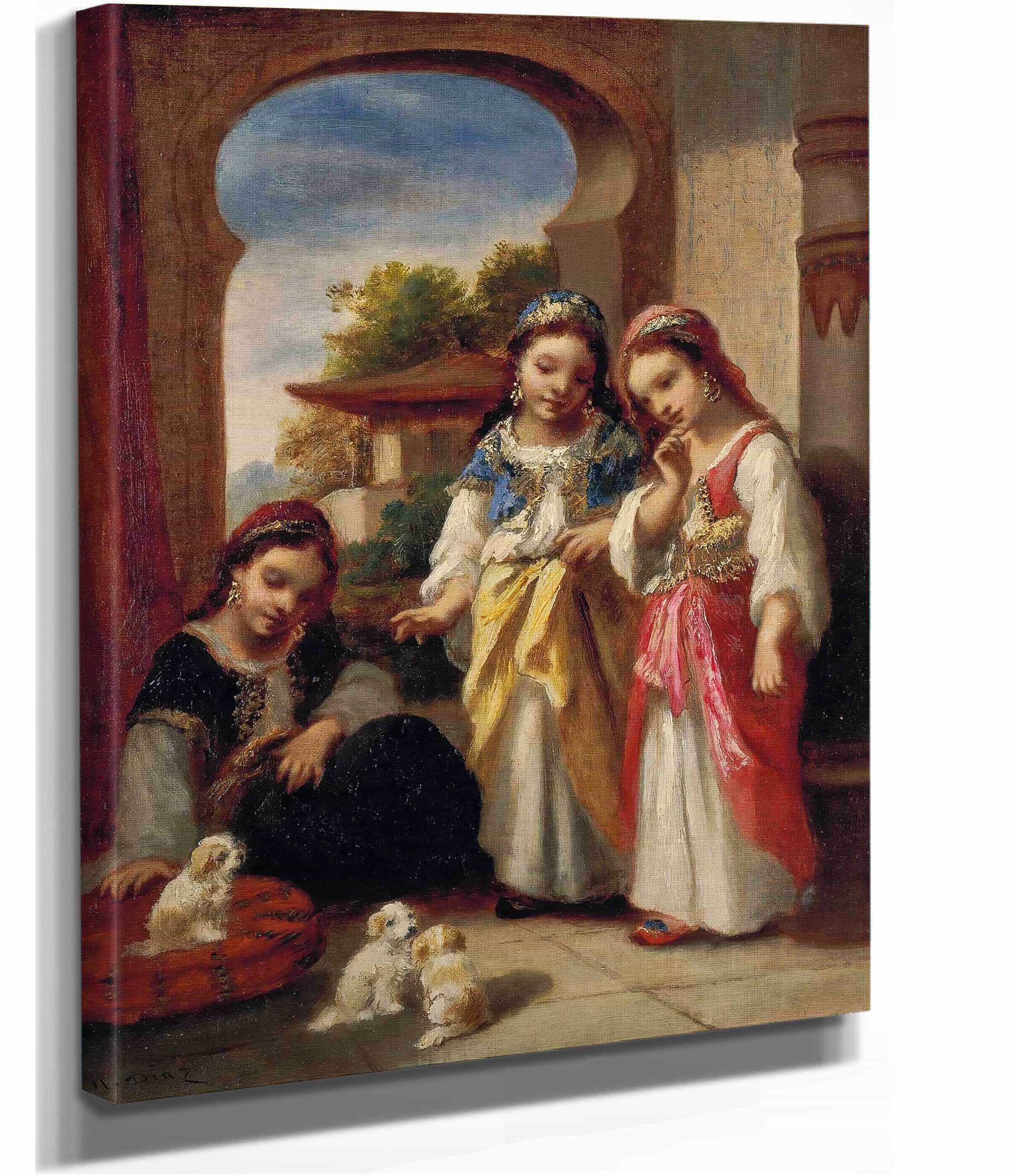 Trois Fillettes Et Trois Chiots En Turquie by Narcisse Virgile Diaz De La Pena - Image 2