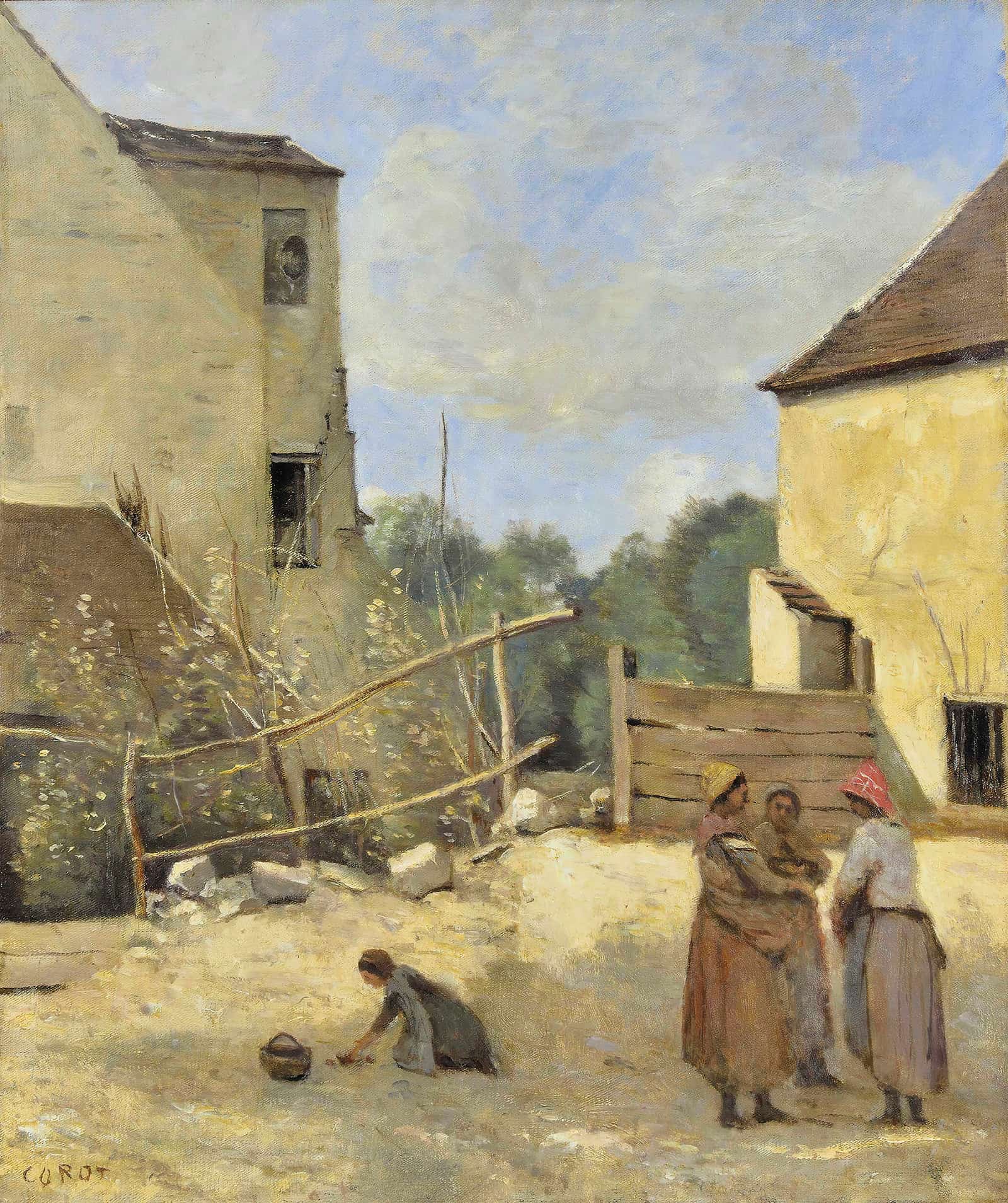 Trois Paysannes Causant Dans Une Cour Rustique by Jean Baptiste Camille Corot - Image 2