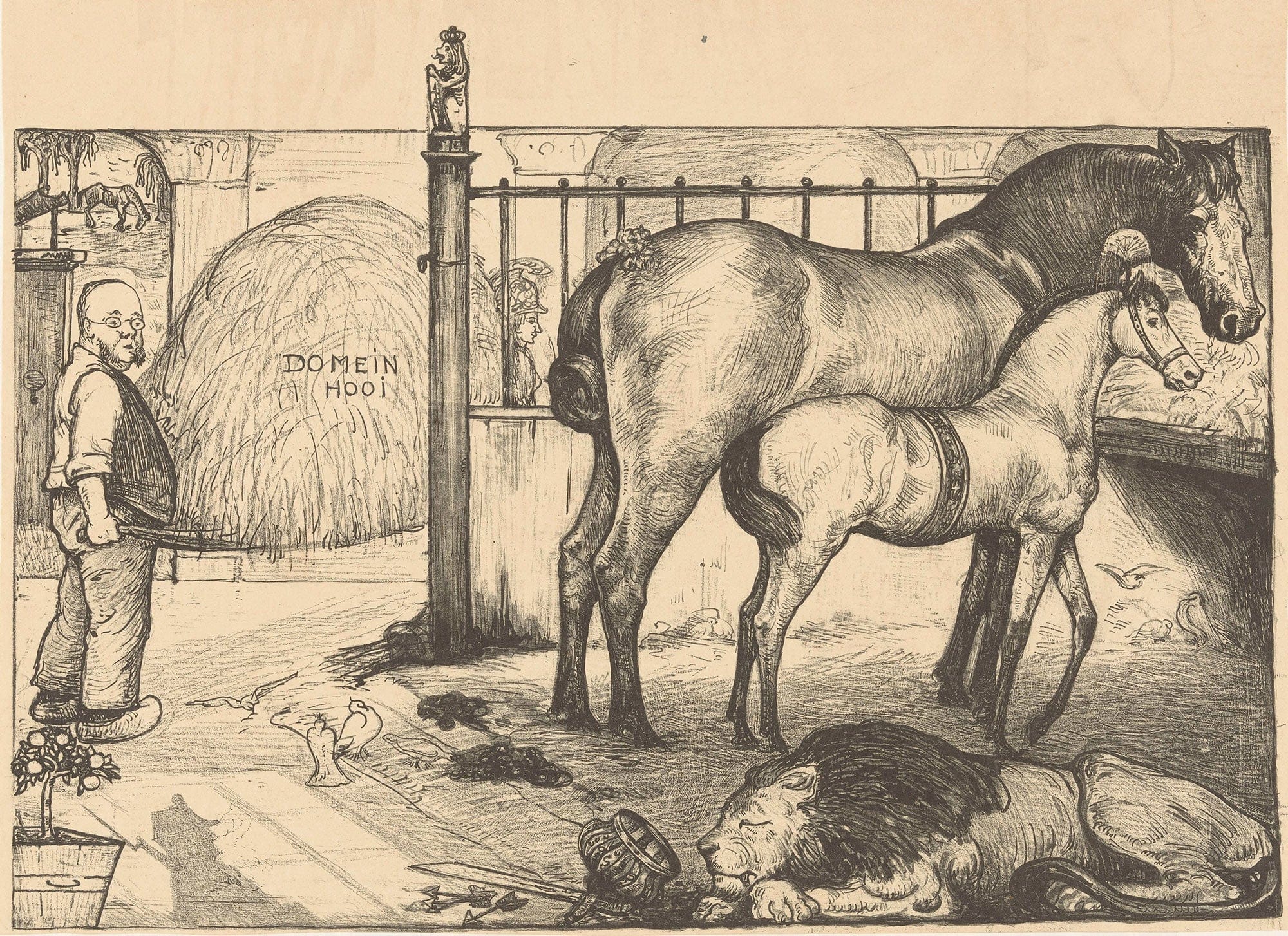 Twee Paarden Bij Een Hooiruif In Een Stal by Richard Nicolaus Roland Holst