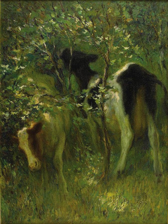 Two Cows In Flowering Bushes 1913 By Francis Luis Mora - Image 6