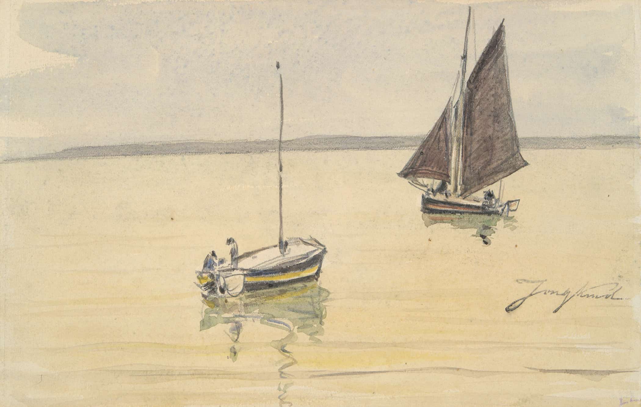 Two Fishing Boats On Calm Water Mid To Late Th Century by Johan Barthold Jongkind - Image 2