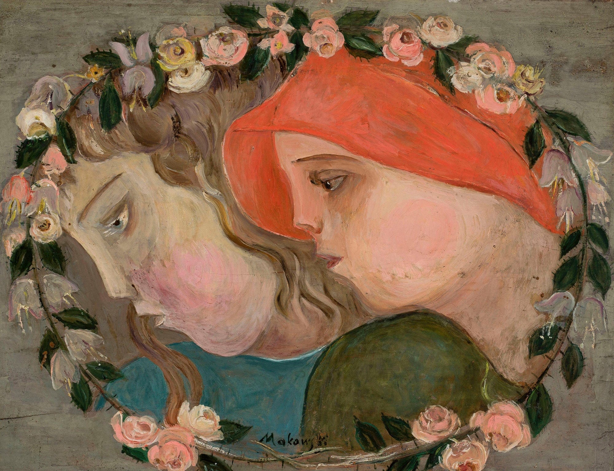 Two Heads Of Little Girls In A Garland Of Flowers by Tadeusz Makowski