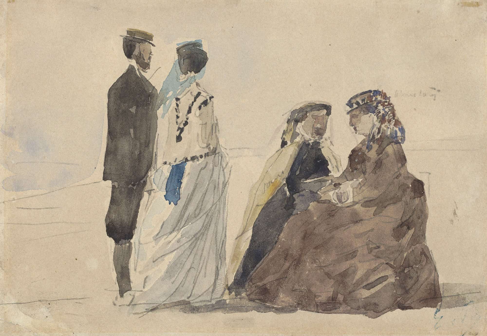 Two Ladies Seated And A Couple Walking On The Beach by Eugene Boudin - Image 2