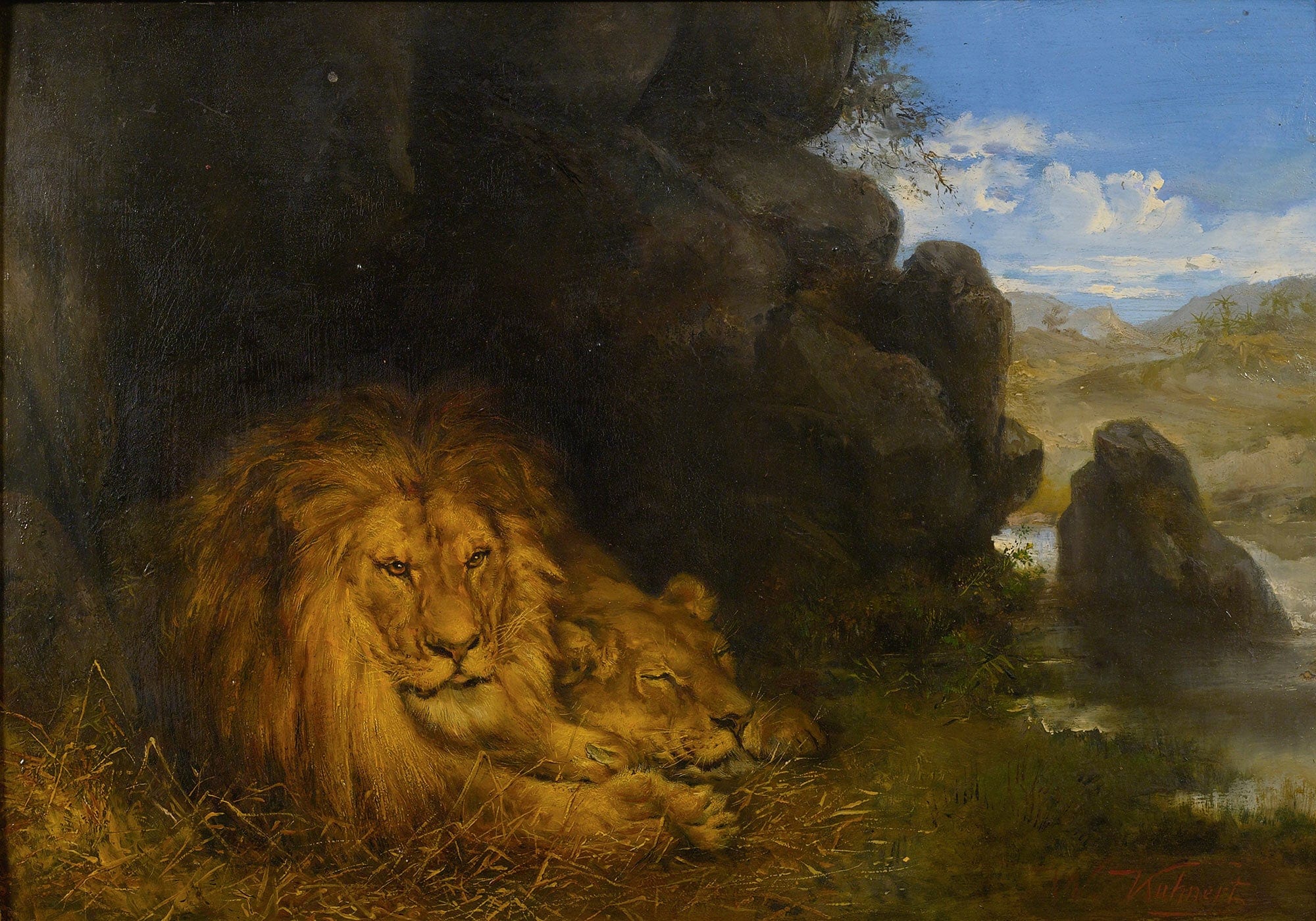 Two Lions In A Cave by Wilhelm Kuhnert