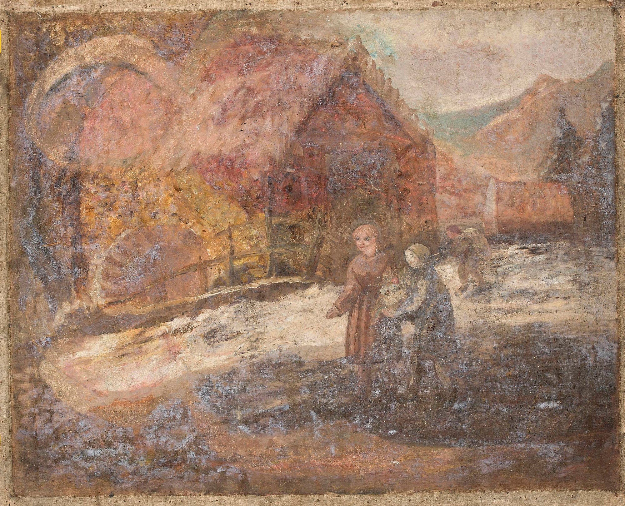 Two Little Girls Against The Background Of A Landscape by Tadeusz Makowski