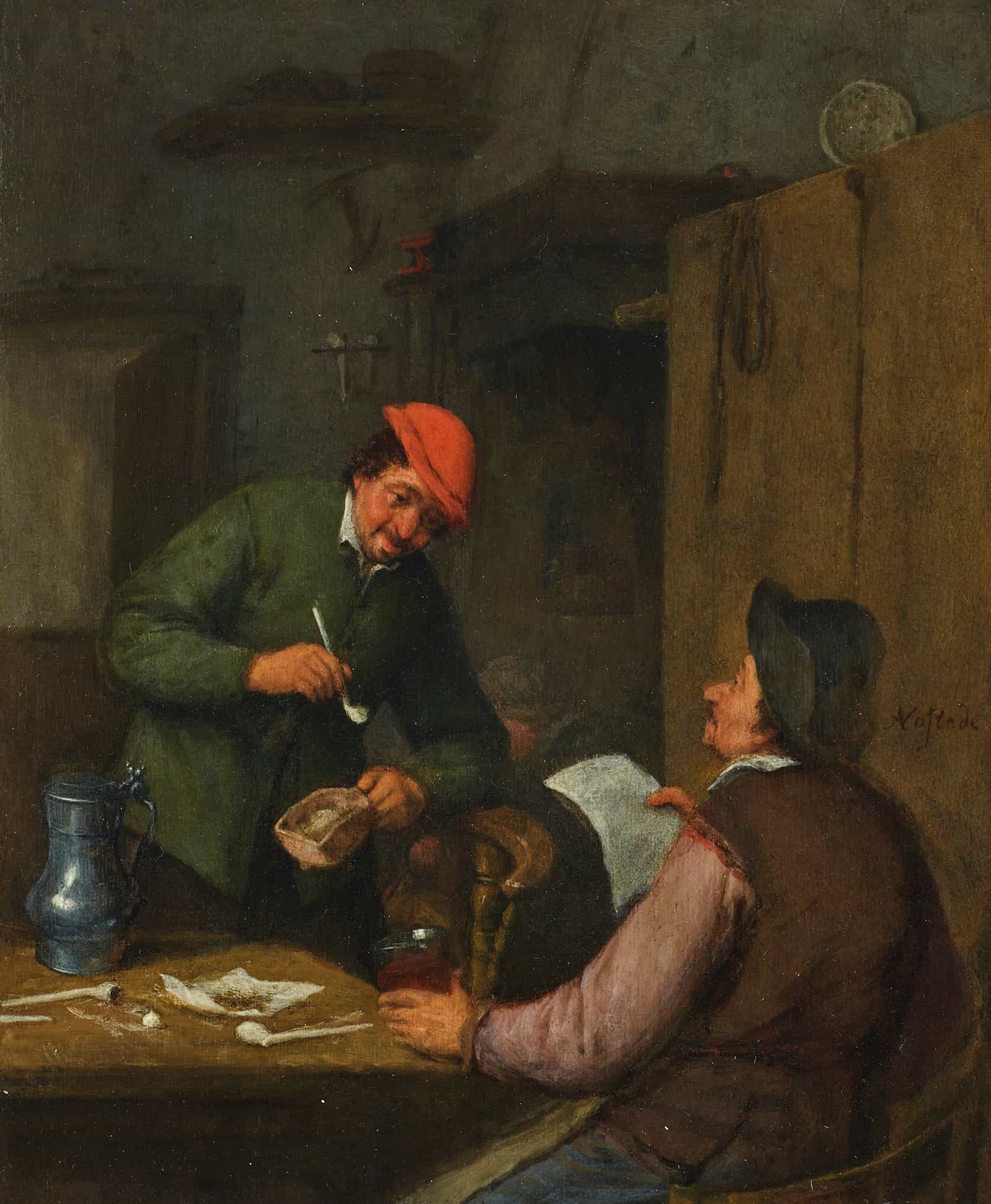 Two Peasants Smoking Drinking And Reading At An Inn by Adriaen Van Ostade