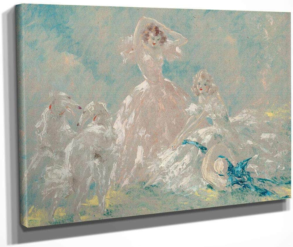 Two Women & Borzois Circa 1930 1940 By Louis Icart