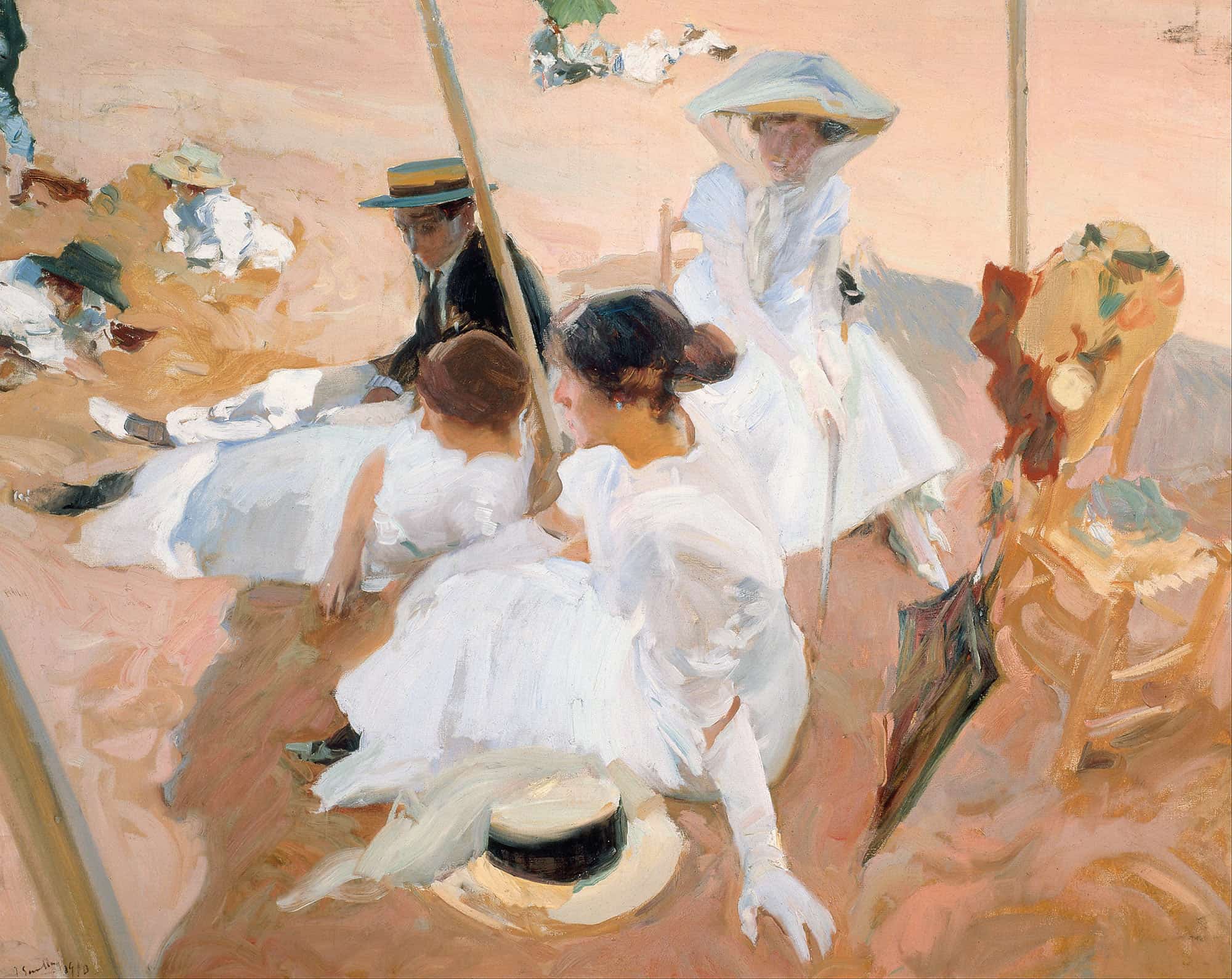 Under The Awning On The Beach At Zarauz by Joaquin Sorolla