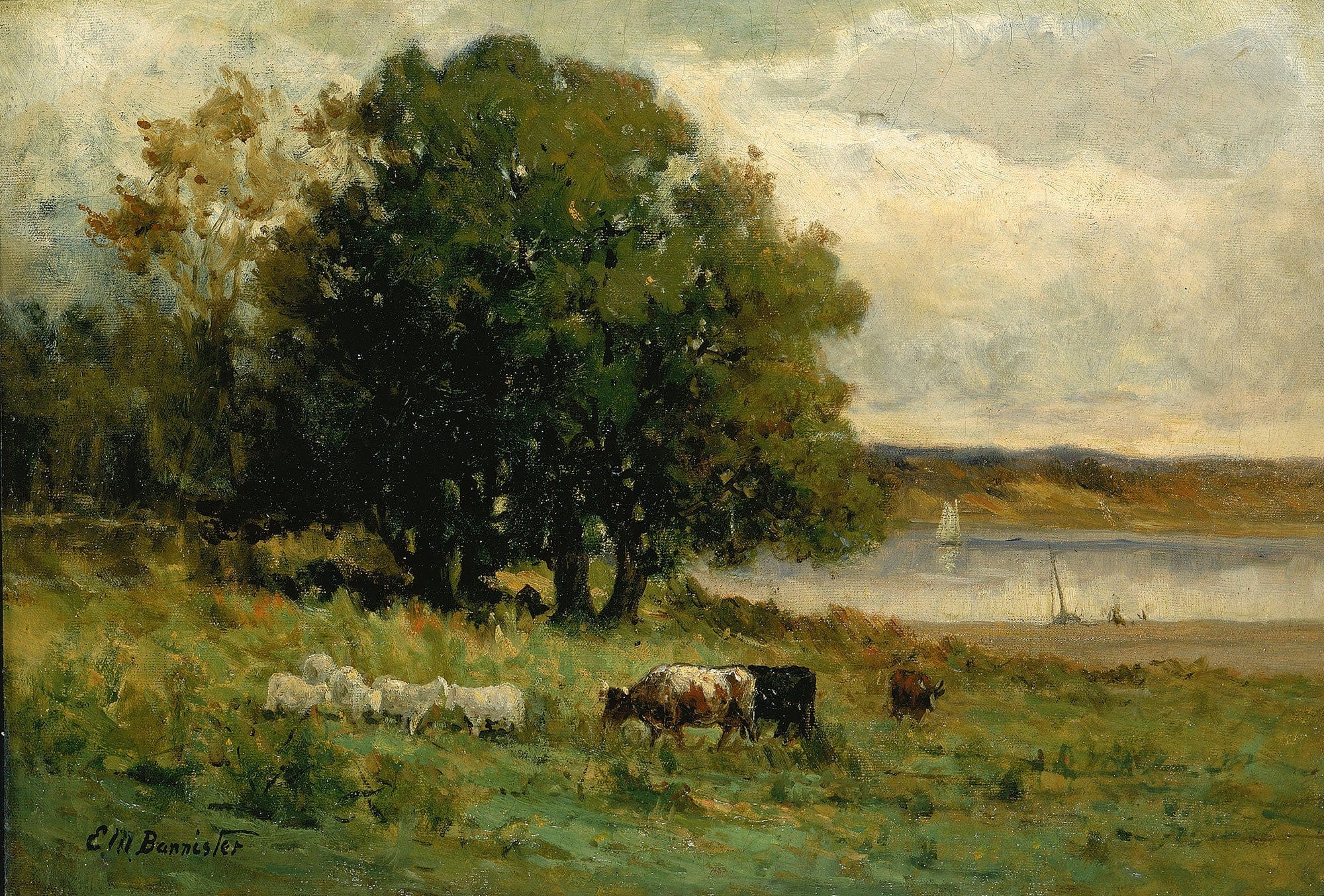 Untitled Cattle Near River With Sailboat In Distance by Edward Mitchell Bannister - Image 2