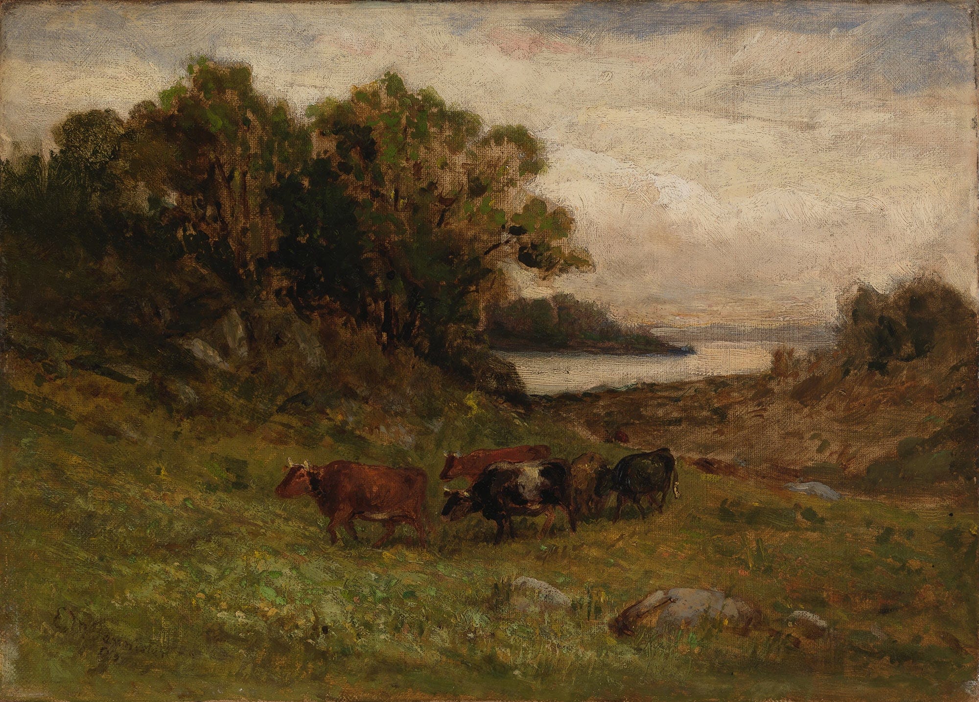 Untitled Five Cows Grazing With Trees And River In Background by Edward Mitchell Bannister