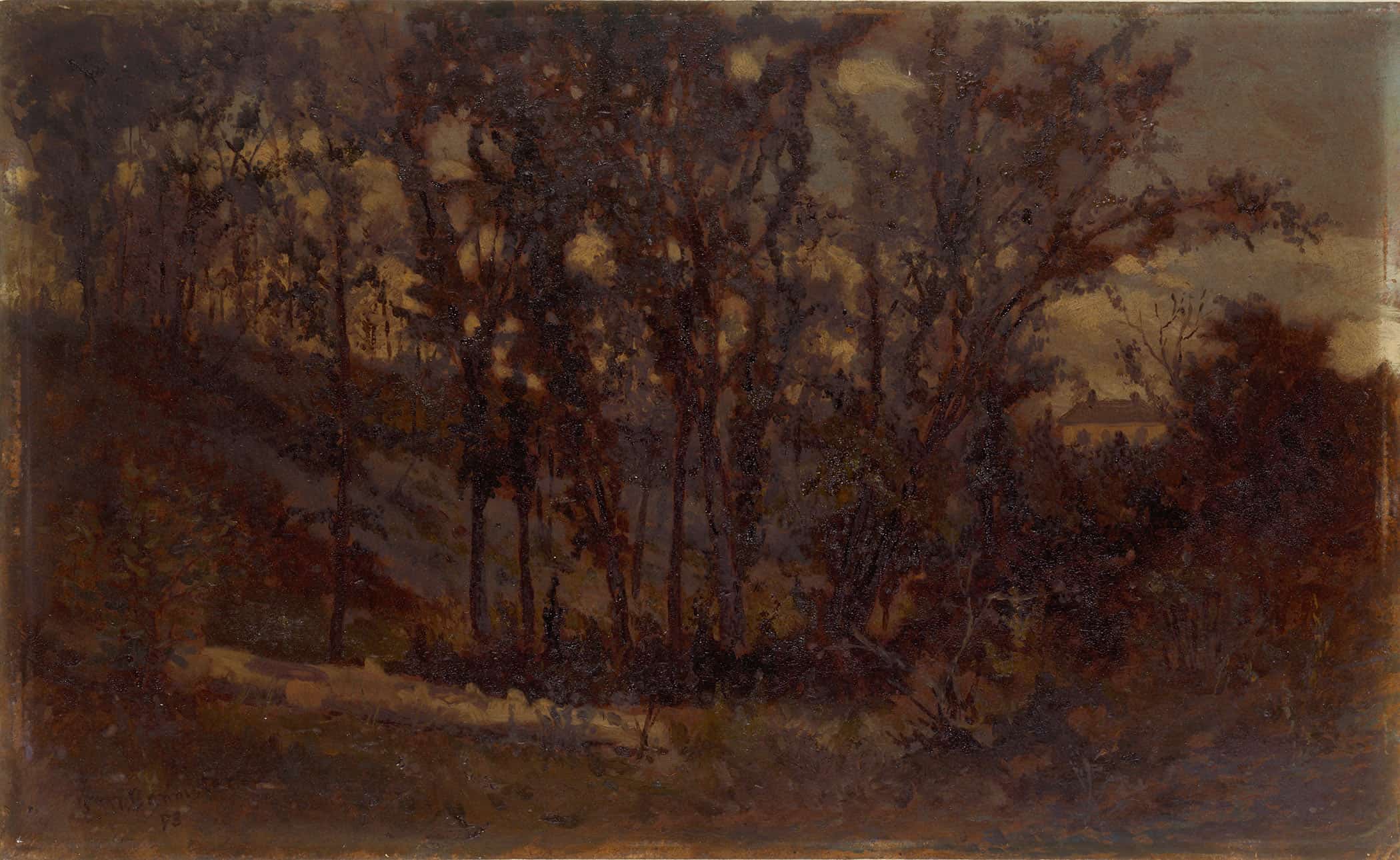 Untitled Forest Scene Fallen Tree In Foreground And House In Background by Edward Mitchell Bannister