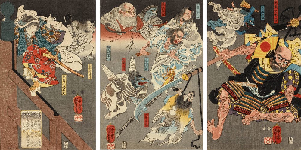 Ushiwakamaru Fights Benkei On Gojo Bridge 1850 By Utagawa Kuniyoshi - Image 2