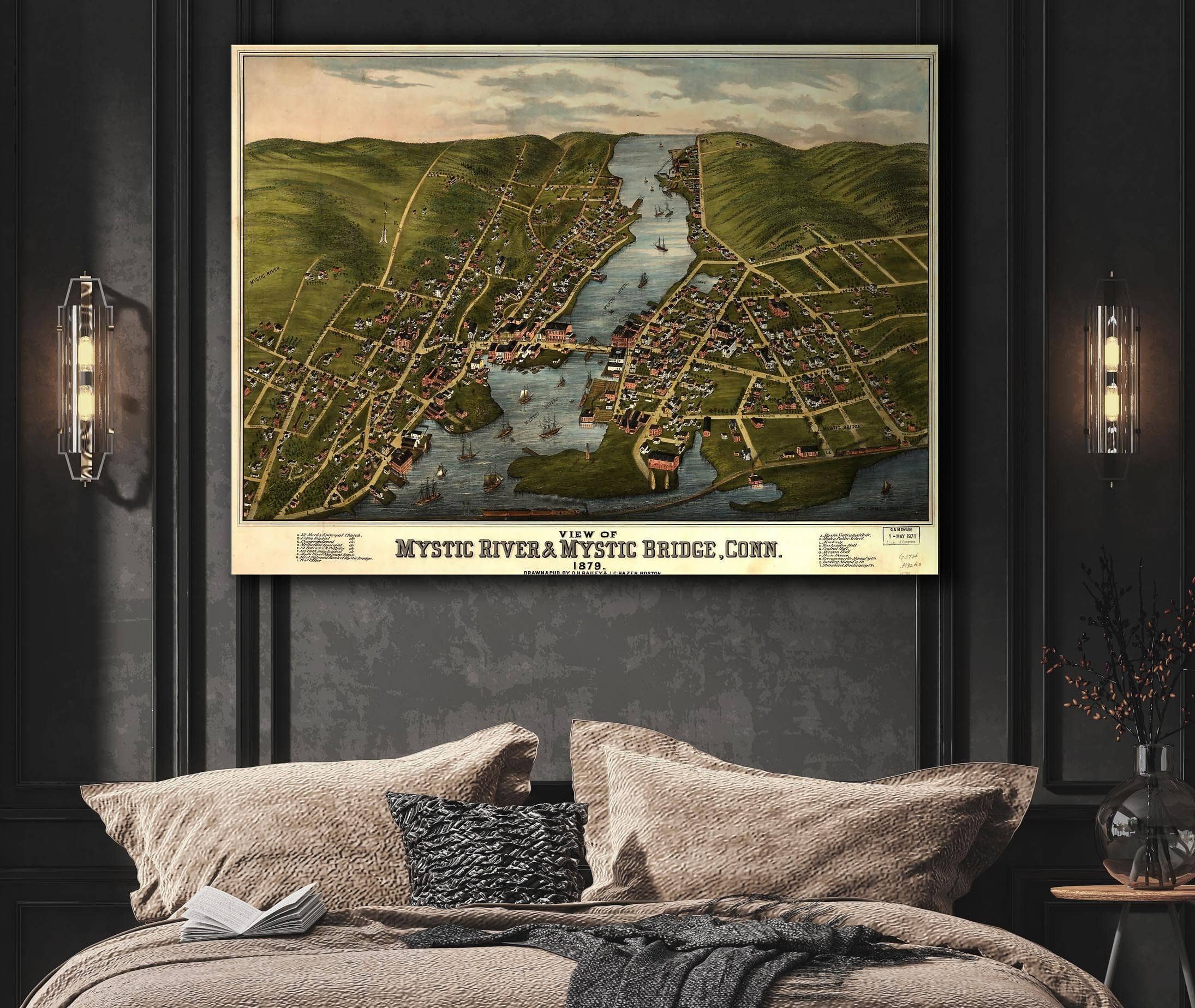 View Of Mystic River & Mystic Bridge Conn 1879 State of Connecticut - Image 3