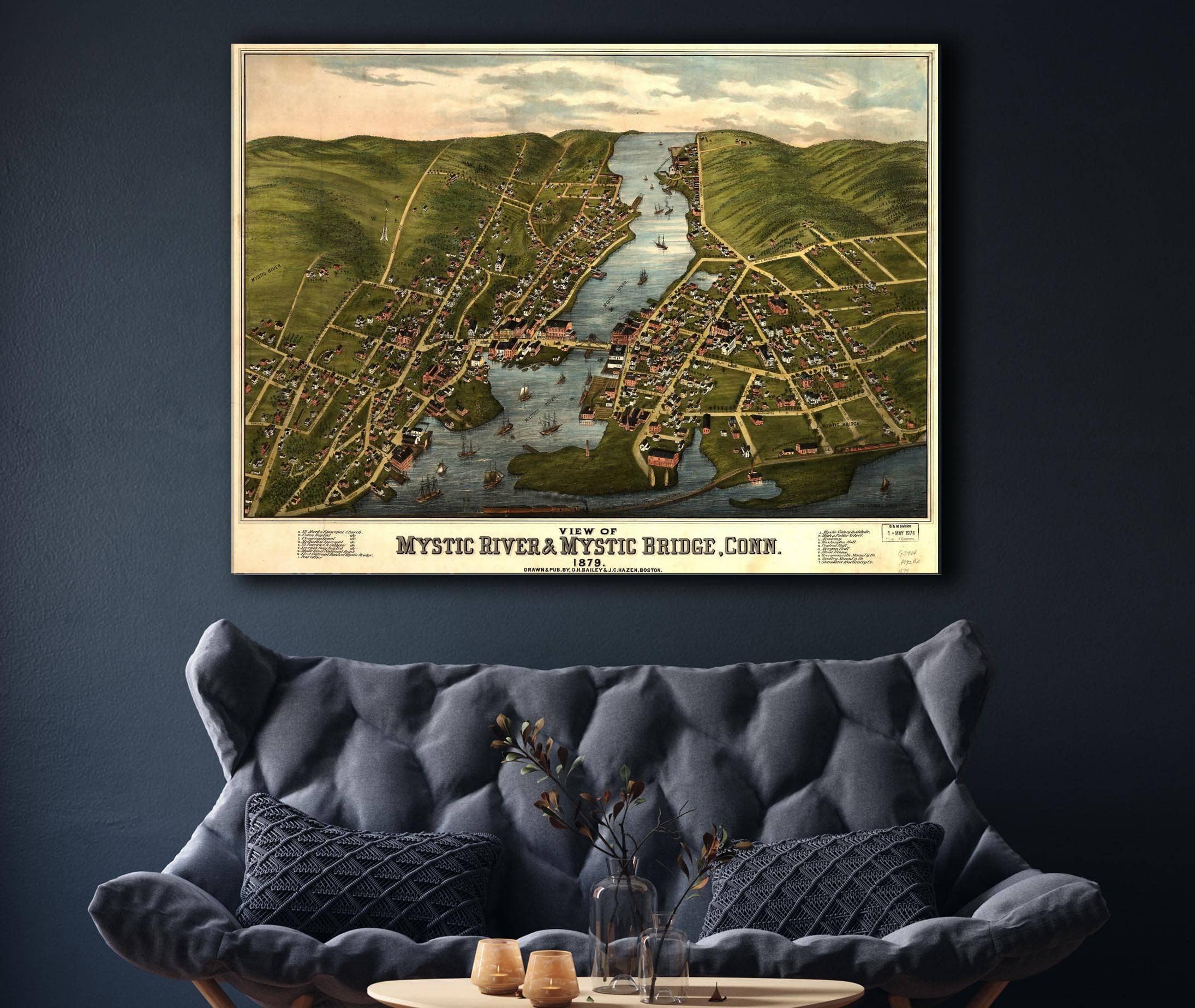 View Of Mystic River & Mystic Bridge Conn 1879 State of Connecticut - Image 7