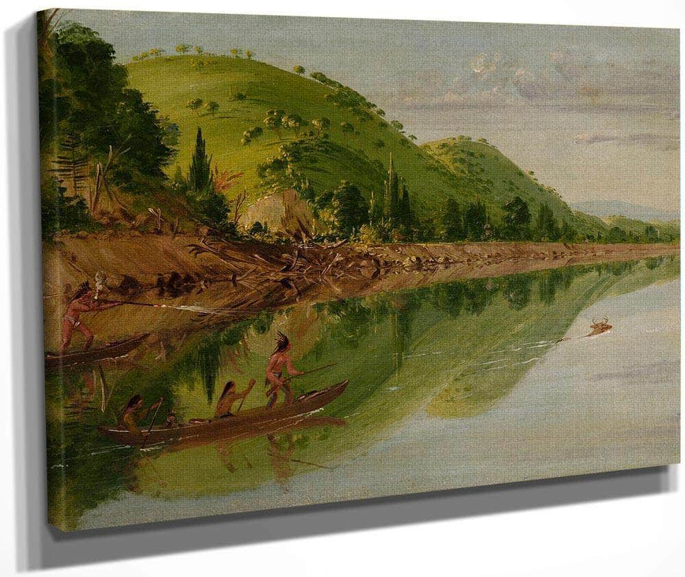 View On The St. Peter's River, Sioux Indians Pursuing A Stag In Their Canoes By George Catlin
