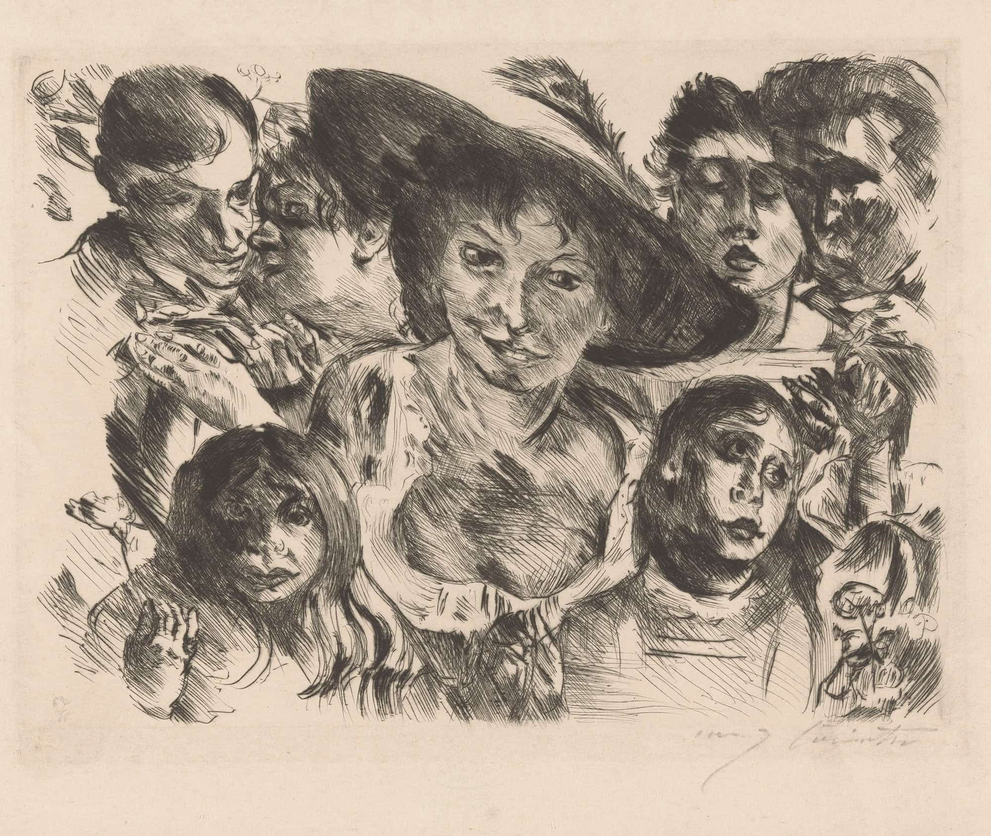 Vrouw Met Hoed Omringd Door Een Groep Gezichten by Lovis Corinth