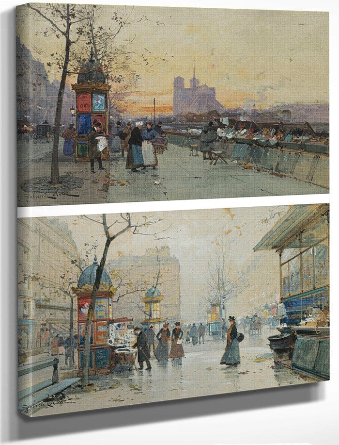 Vue De Notre Dame Quai De Montebello; Boulevard Des Capucines Kiosque À Journaux; A Pair By Eugene Galien Laloue